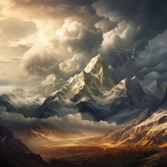 A distant storm brewing over snow-capped mountain peaks - obrazy, fototapety, plakaty