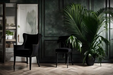A high-definition image capturing the elegance of a black chair complemented by the presence of a lush green palm plant, enhancing the aesthetics of the room.