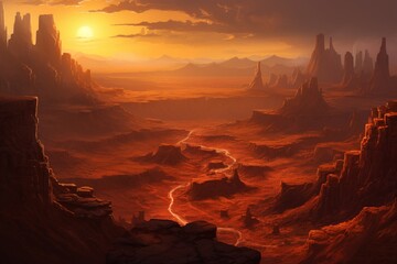 A desert canyon bathed in the warm glow of sunset