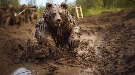 Running brown bear in mud wild nature background.
