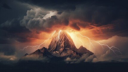 A thunderstorm raging over a solitary mountain peak - obrazy, fototapety, plakaty