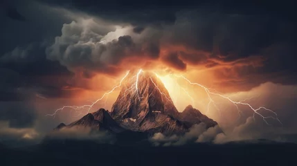 Gordijnen A thunderstorm raging over a solitary mountain peak © Tee