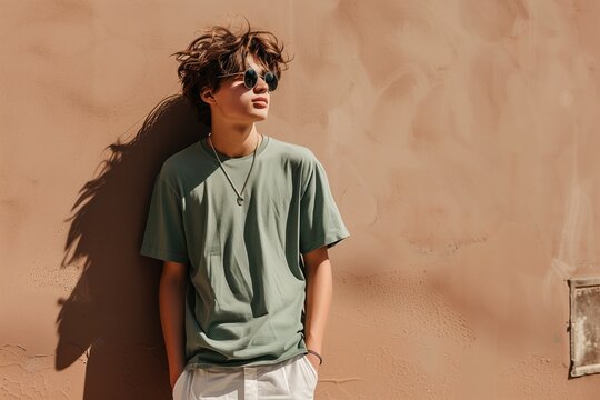 Stylish Teenager With Sunglasses Leaning Against A Wall, Concept Of Youth Culture, Fashion, And Casual Urban Lifestyle