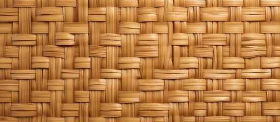A high-resolution close-up view of a realistic bamboo basket weave. The image showcases a golden straw woven wicker rattan mat or thatch twill textile texture, suitable for fashion or interior design