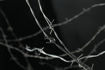 Metal barbed wire on dark grey background, closeup