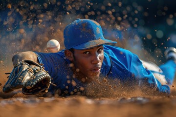 Dynamic action shot of a baseball player sliding into base, Concept of competitive sports and focused athleticism