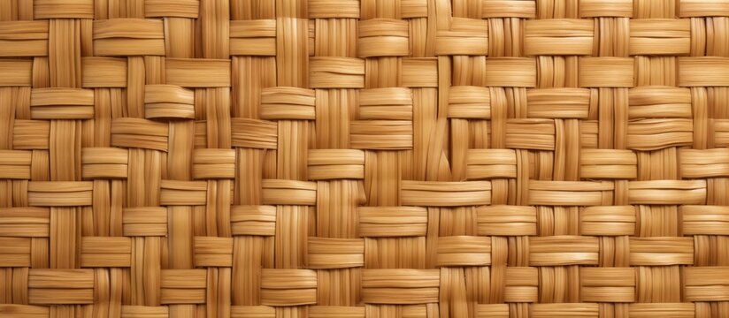 A high-resolution close-up view of a realistic bamboo basket weave. The image showcases a golden straw woven wicker rattan mat or thatch twill textile texture, suitable for fashion or interior design