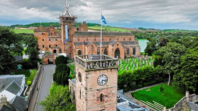 Aerial view of Linlithgow Palace, the ruins of medieval birthplace of Mary Queen of Scots. Scottish Tourist attraction on a low hill above a small inland loch in Scotland.