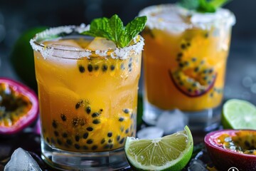 Passion fruit caipirinha . Tropical drinks
