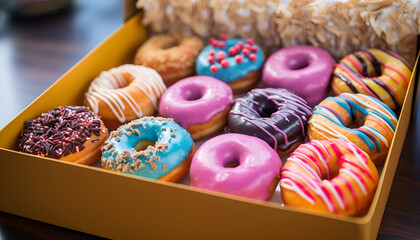 Fototapeta na wymiar Multi-colored donuts with different toppings in a box,easter, food, cake, sweet, dessert, holiday, egg