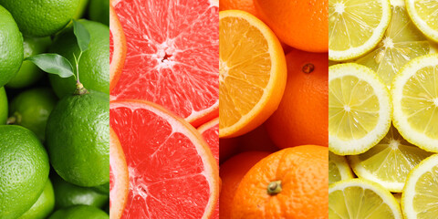 Citrus fruits. Fresh limes, grapefruits, oranges and lemons, collage