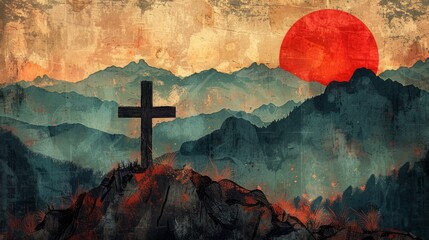 illustration of a cross with a shadow, sun, mountains - obrazy, fototapety, plakaty