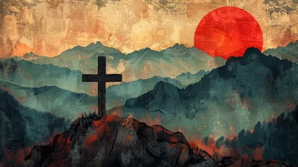 Foto op Plexiglas illustration of a cross with a shadow, sun, mountains © ProductionK