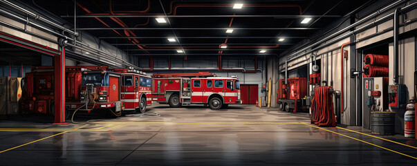 Firetruck ready inside a fire station bay - obrazy, fototapety, plakaty