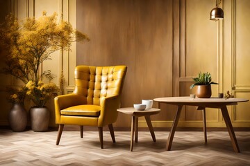 A high-definition image capturing the sophisticated ambiance created by a brown leather chair and a beige pot adorning a meticulously styled yellow and white wooden table.