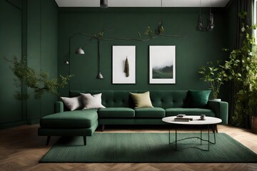 An inviting dark green living space featuring a mock-up frame, a cozy sofa, an exquisite table, and a vase with a charming branch, all captured with the brilliance of an HD camera.