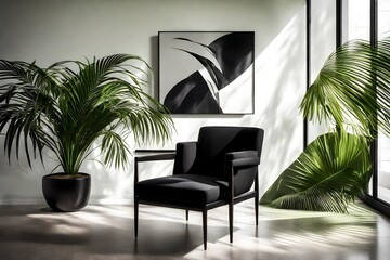 The interplay of light and shadow highlights the sophistication of a black chair placed adjacent to a lively green palm plant, enhancing the interior aesthetics.