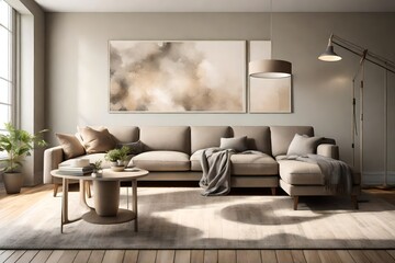The HD perspective of a well-lit living room, featuring a grey lamp, beige sofa, and an artistic...