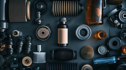 A neatly arranged assortment of machine parts in various shades forms a textured backdrop for a central bottle with a blank label