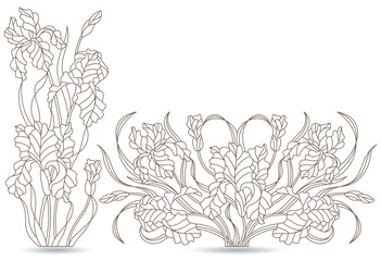 A set of contour illustrations of stained glass Windows with irises in frames, dark contours on a white background