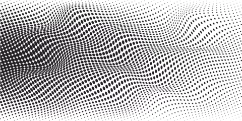 Poster Abstract wave halftone black and white. Monochrome texture for printing on badges, posters, and business cards. © Nor