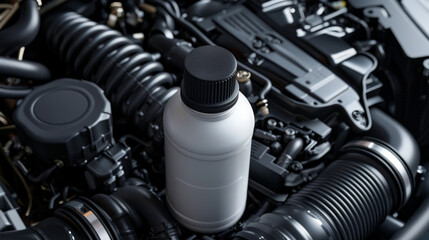 A close-up shot of a generic oil bottle nestled in the nooks of a car engine, emphasizing detail