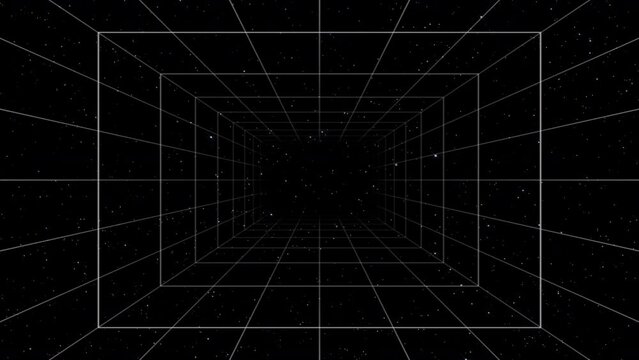 Retro Futuristic 80-90's Universe space tunnel Background, Abstract digital tunnel with star moving. Retro futurism, Retro wave cyber grid animation loop.