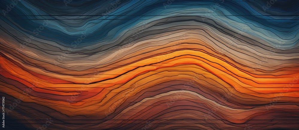 Poster this abstract painting features wavy lines in vibrant shades of orange, blue, and yellow on a wooden