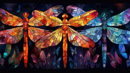 Stained glass illustration of dragonfly and butterfly