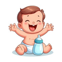 Happy baby playing with bottle of milk isolated on white