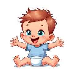 happy Baby Boy Open Arms in blue shirt isolted on white, Cartoon 
