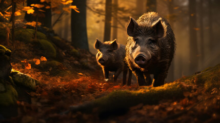 Group of boars running in the forest river with setting sun.