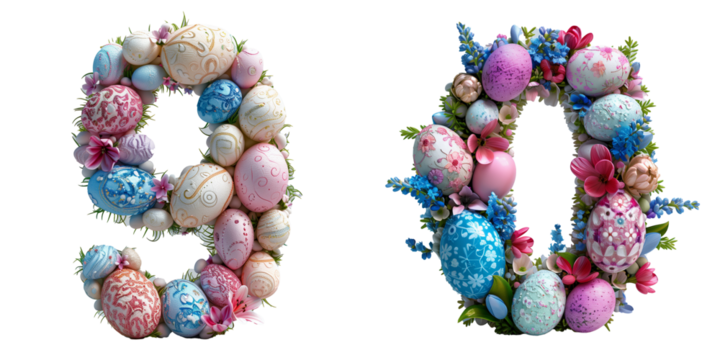 Festive Alphabet Design: Floral and Easter Egg Numbers 9, 0 - Powered by Adobe