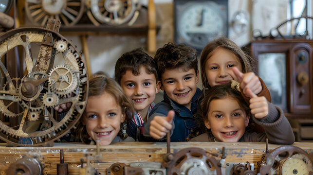 Group of children doing their dream job as Clockmakers in the workshop. Concept of Creativity, Happiness, Dream come true and Teamwork.