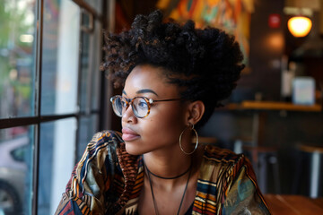 A young African American hipster woman with Afro hair  sitting at a cafe table. - obrazy, fototapety, plakaty
