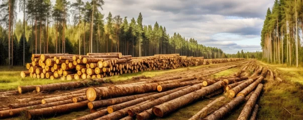 Keuken spatwand met foto Forest pathway with piles of harvested wood logs © amazingfotommm