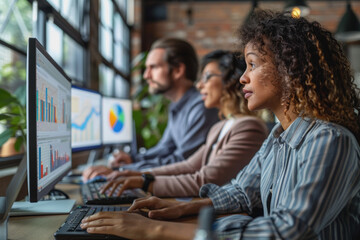 A diverse group of professionals analyzing statistical data on computer screens in a modern office