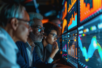 A diverse group of professionals analyzing statistical data on computer screens in a modern office