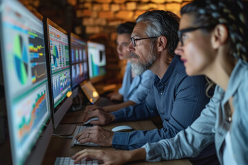A diverse group of professionals analyzing statistical data on computer screens in a modern office