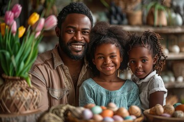 black family against the background of colored eggs. happy easter concept. homemade, seasonal, religious holiday style