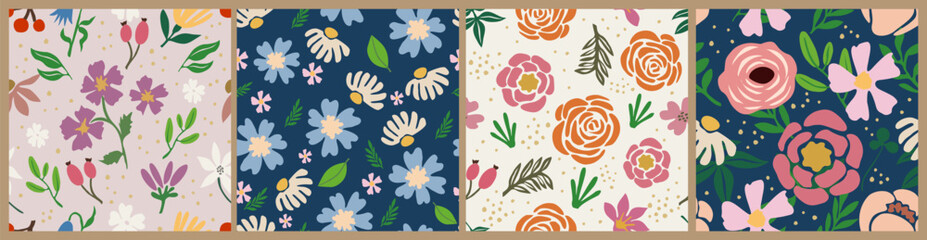 Fototapeta na wymiar Retro seamless pattern with colorful flowers. Set of vintage 70s style flower background illustration. Colorful pastel color groovy, y2k nature backgrounds. Hand-Drawn Vector Illustrations.