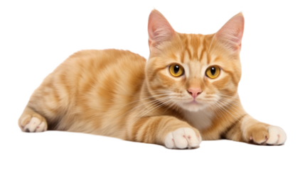 ginger cat lies on the banner. isolated on white background