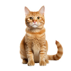 Obraz premium ginger cat sits with one front paw raised and looks at the camera isolated on a white background