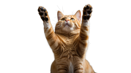 ginger cat stands on its hind legs and reaches up isolated on a white background 