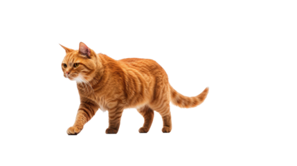 ginger cat walks isolated on a white background