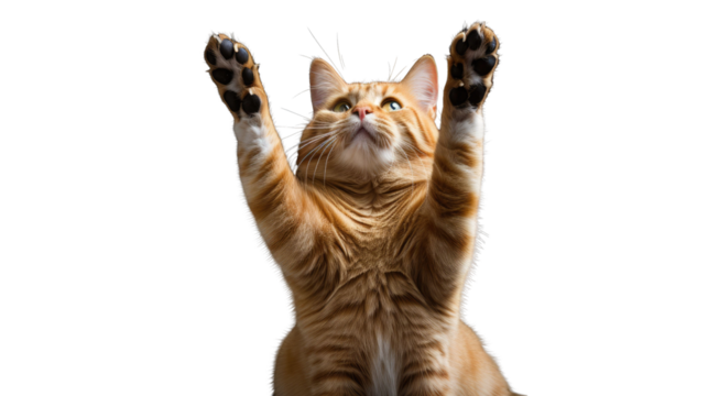 ginger cat stands on its hind legs and reaches up isolated on a white background 