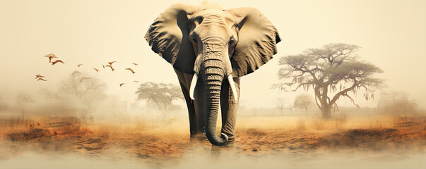 Majestic elephant striding in African savanna