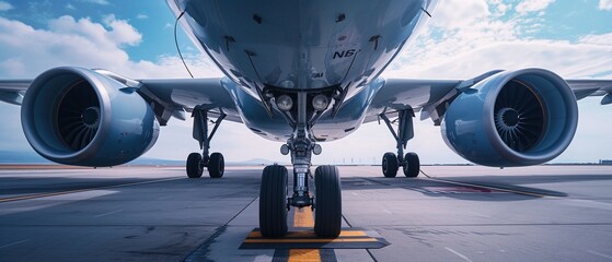 Das Fahrwerk von einem Flugzeug, Passagierflugzeug von unten  - obrazy, fototapety, plakaty