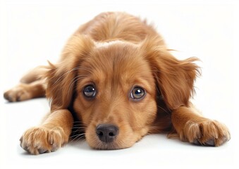 Adorable Golden Puppy with Expressive Eyes Lying Down on White Background
