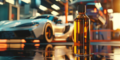An image of a motor oil bottle in a professional racing team's workshop with a race car